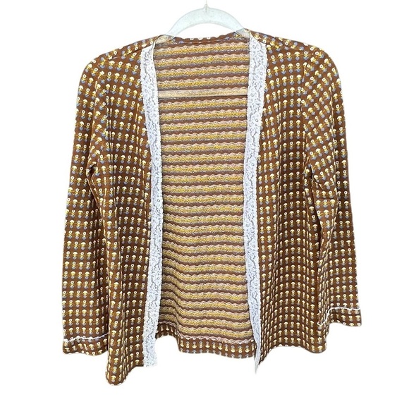 Vintage Retro Floral Open Front Cardigan Handmade Brown Medium 70s Vibes - Picture 1 of 8